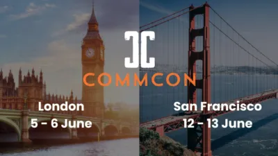 CommCon logo over images of London and San Francisco