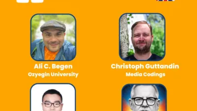 Orange CommCon graphic with pictures of 4 speakers from the London event: Ali C Begen from Ozyegin University, Christoph Guttandin from Media Codings, Winlin Yang from Tencent Cloud, Tim Panton from pipe. 
