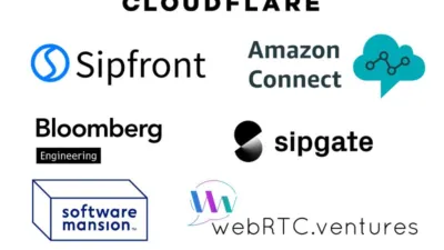 Sponsors logos on white background including: Nimble Ape, Everycast Labs, Amazon Connect, Bloomberg, Cloudflare, Sipfront, Sipgate, Software Mansion, Teluu, WebRTCVentures, Daily, Pion, SRS and VAPI 
