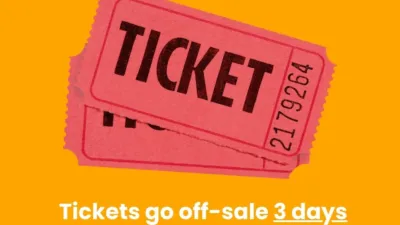 Orange graphic with CommCon logo, a visual of some pink ticket stubs and the text 'Tickets go off-sale 3 days before the event. Don't miss out!'