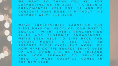 The Everycast Labs logo (three labradors in a circle, one wearing a headset) sits in the top right-hand corner of the image. Next to it sits the Dottie Board logo (an orange DB in a navy blue circle). Below, a blue box contains the following text: 

"We want to thank you all for supporting us in 2025. It's been a phenomenal year for us and we couldn't have done it without the support we've received. We've successfully launched our first physical product: our Dottie Boards. With ever-strengthening sales and customer engagement, we've been able to give back and donate money to the RNLI to support their excellent work. We now have Dottie Boards being used up and down the UK and Ireland and look forward to bringing them to more hobbyist homes in the new year. We are also excited to bring our boards to new hobby markets, with our next focus being on aviation. We hope you all have a wonderful festive period and look forward to speaking to you all in 2026."