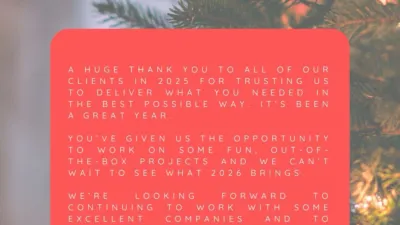 The Nimble Ape logo (a black ape with a white face in the shape of an A) is in the top right-hand corner of the page. Below, a red box contains the following text: 

"A huge thank you to all of our clients in 2025 for trusting us to deliver what you needed in the best possible way. It's been a great year. You've given us the opportunity to work on some fun, out-of-the-box projects and we can't wait to see what 2026 brings. We're looking forward to continuing to work with some excellent companies and to building new relationships. Have a very Merry Christmas and a Happy New Year. See you all in 2026."